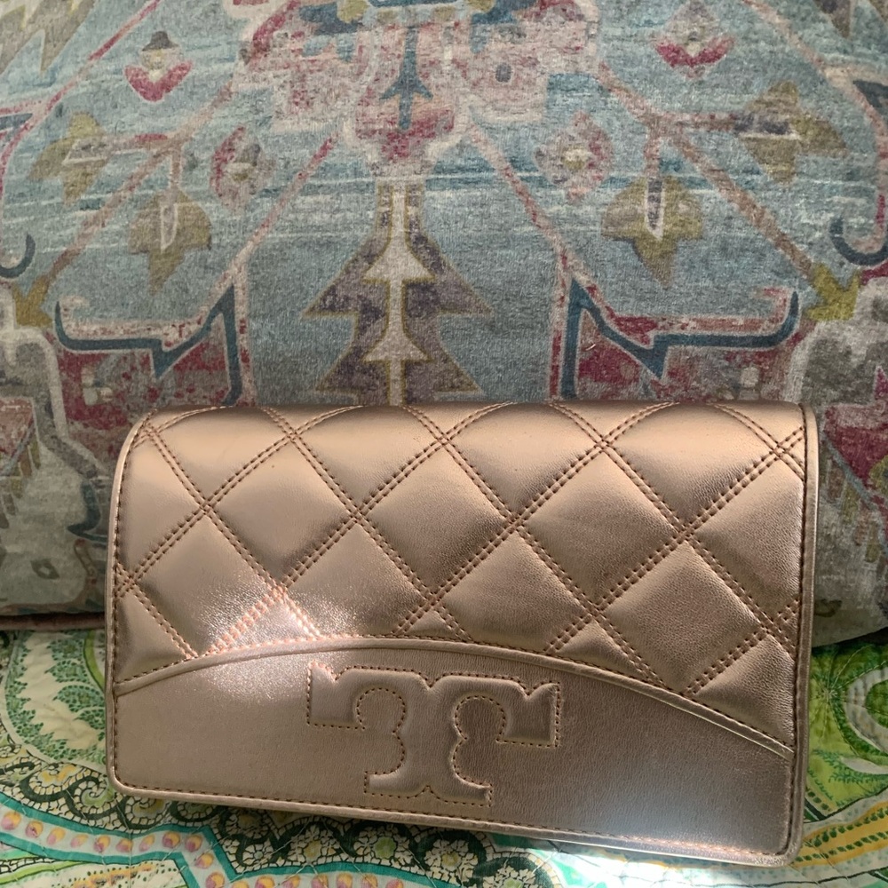 Tory Burch Savannah Chain Flat Wallet Crossbody Bag Rose Gold